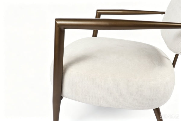 English Elm Modern Mid-century Accent Chair Sculptural Bronze Frame Striped Cream Fabric Lounge Seat White W2105P517476