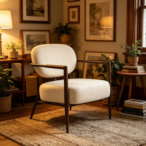English Elm Modern Mid-century Accent Chair Sculptural Bronze Frame Striped Cream Fabric Lounge Seat White W2105P517476