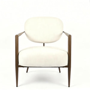 English Elm Modern Mid-century Accent Chair Sculptural Bronze Frame Striped Cream Fabric Lounge Seat White W2105P517476