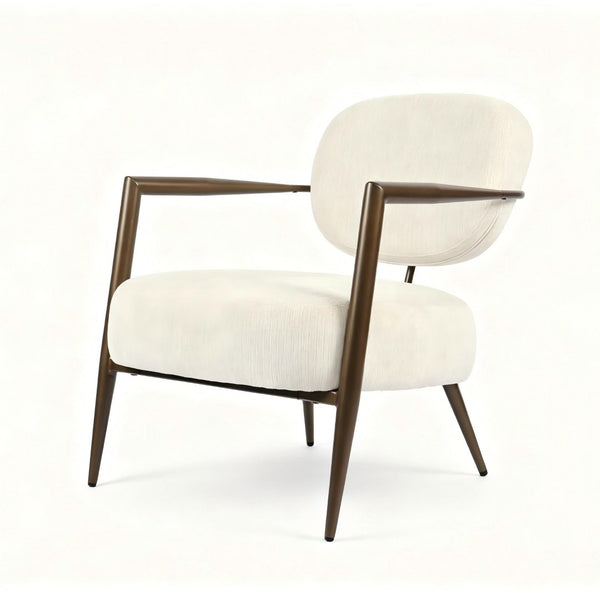 English Elm Modern Mid-century Accent Chair Sculptural Bronze Frame Striped Cream Fabric Lounge Seat White W2105P517476