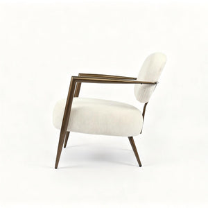 English Elm Modern Mid-century Accent Chair Sculptural Bronze Frame Striped Cream Fabric Lounge Seat White W2105P517476