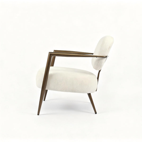 English Elm Modern Mid-century Accent Chair Sculptural Bronze Frame Striped Cream Fabric Lounge Seat White W2105P517476