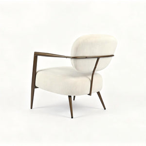 English Elm Modern Mid-century Accent Chair Sculptural Bronze Frame Striped Cream Fabric Lounge Seat White W2105P517476