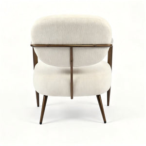 English Elm Modern Mid-century Accent Chair Sculptural Bronze Frame Striped Cream Fabric Lounge Seat White W2105P517476