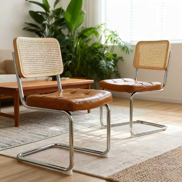 English Elm Dining Chair Set of 2 Bauhaus Cantilever Chrome Rattan Back Faux Leather Seat W2105P540787