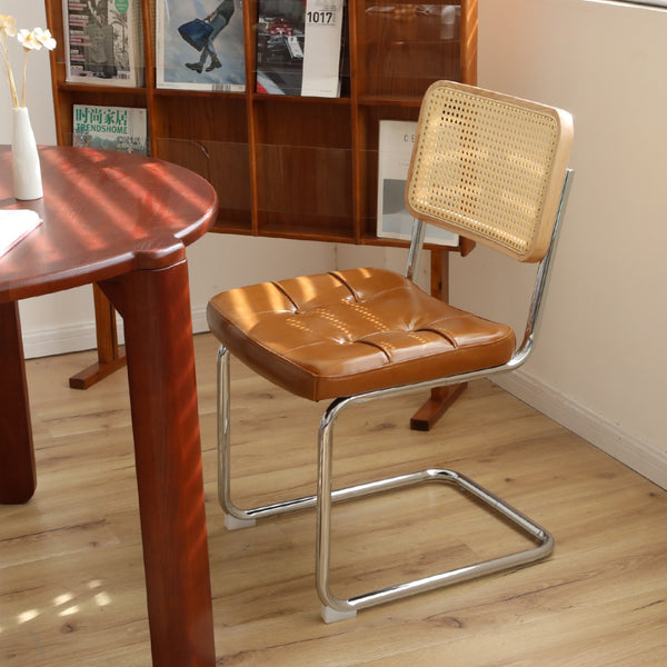 English Elm Dining Chair Set of 2 Bauhaus Cantilever Chrome Rattan Back Faux Leather Seat W2105P540787