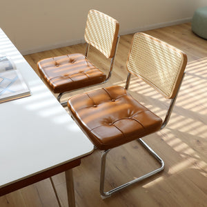 English Elm Dining Chair Set of 2 Bauhaus Cantilever Chrome Rattan Back Faux Leather Seat W2105P540787