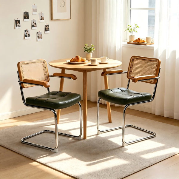English Elm Dining Chairs Breuer Cantilever Set with Woven Rattan Back and Upholstered Foam Seat W2105P540789