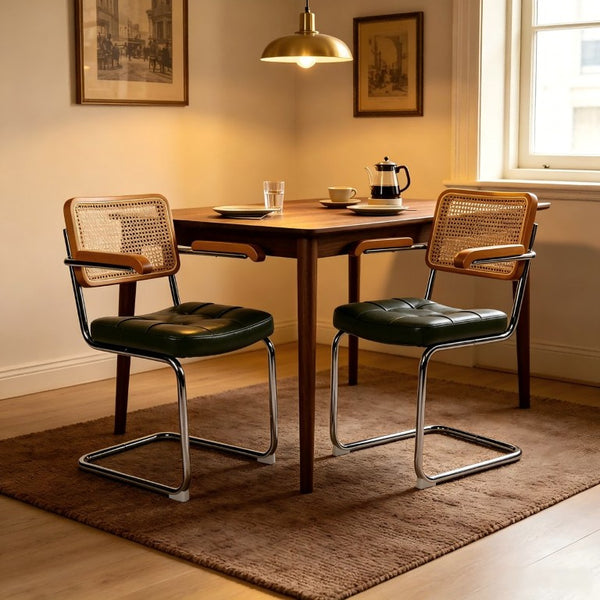 English Elm Dining Chairs Breuer Cantilever Set with Woven Rattan Back and Upholstered Foam Seat W2105P540789