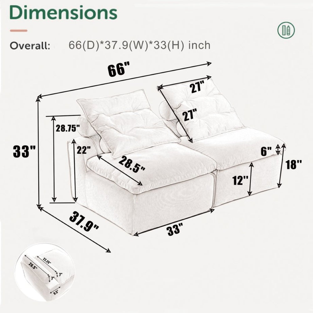 English Elm New Modular Corduroy Two Seat Sofa with Pocket Spring Support and Lumbar Neck Pillows W2108P236840