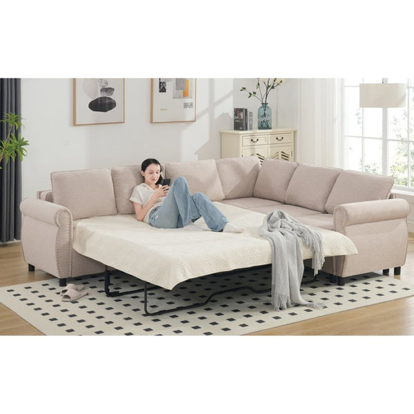 English Elm [new Arrived] L-shaped Sectional Sleeper Sofa with Pull-out Queen Bed for Living Room Beige W2108S00031