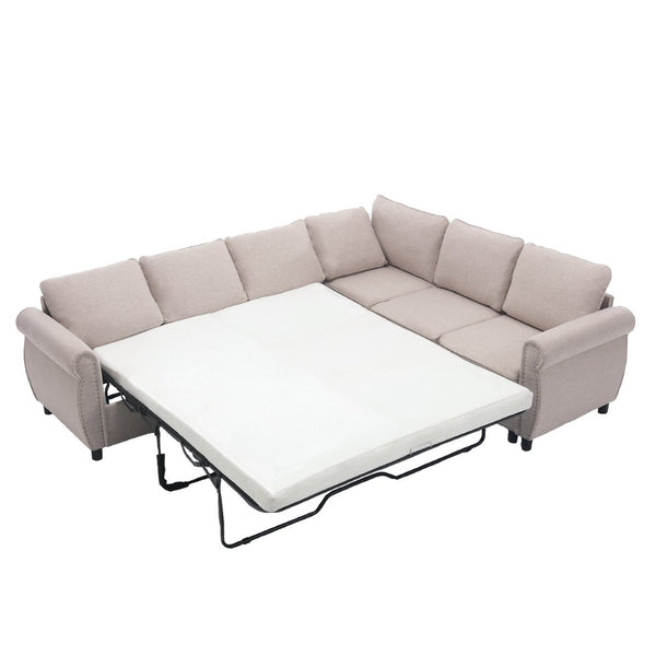 English Elm [new Arrived] L-shaped Sectional Sleeper Sofa with Pull-out Queen Bed for Living Room Beige W2108S00031