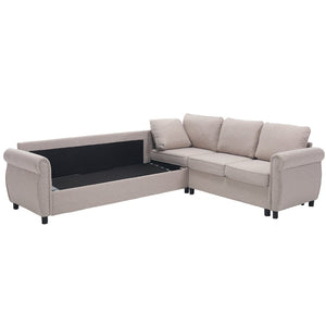 English Elm [new Arrived] L-shaped Sectional Sleeper Sofa with Pull-out Queen Bed for Living Room Beige W2108S00031