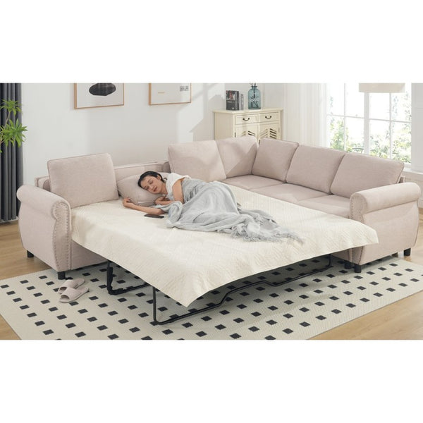 English Elm [new Arrived] L-shaped Sectional Sleeper Sofa with Pull-out Queen Bed for Living Room Beige W2108S00031