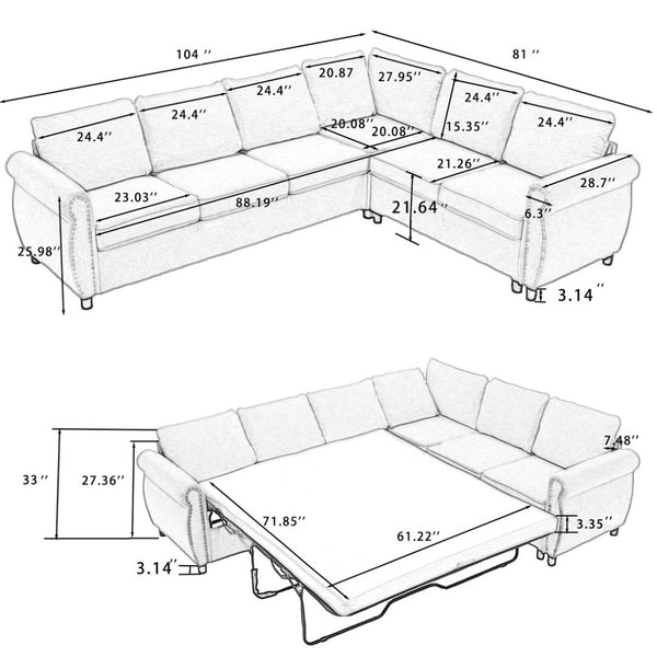 English Elm [new Arrived] L-shaped Sectional Sleeper Sofa with Pull-out Queen Bed for Living Room Beige W2108S00031