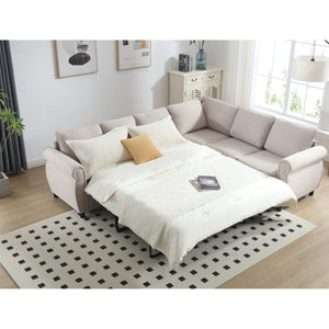 English Elm [new Arrived] L-shaped Sectional Sleeper Sofa with Pull-out Queen Bed for Living Room Beige W2108S00031