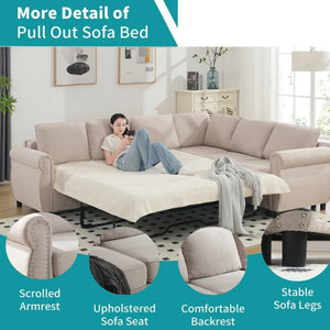 English Elm [new Arrived] L-shaped Sectional Sleeper Sofa with Pull-out Queen Bed for Living Room Beige W2108S00031
