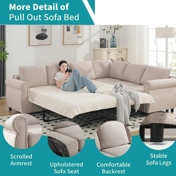 English Elm [new Arrived] L-shaped Sectional Sleeper Sofa with Pull-out Queen Bed for Living Room Beige W2108S00031