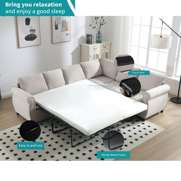 English Elm [new Arrived] L-shaped Sectional Sleeper Sofa with Pull-out Queen Bed for Living Room Beige W2108S00031