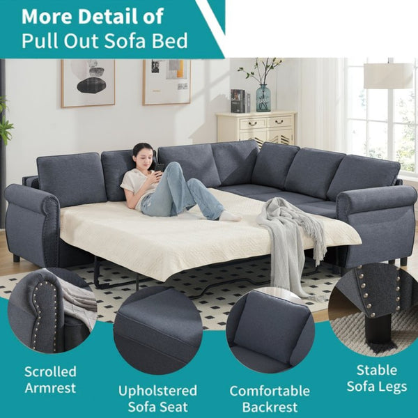 English Elm [new Arrived] L-shaped Sectional Sleeper Sofa with Pull-out Queen Bed for Living Room Gray W2108S00032