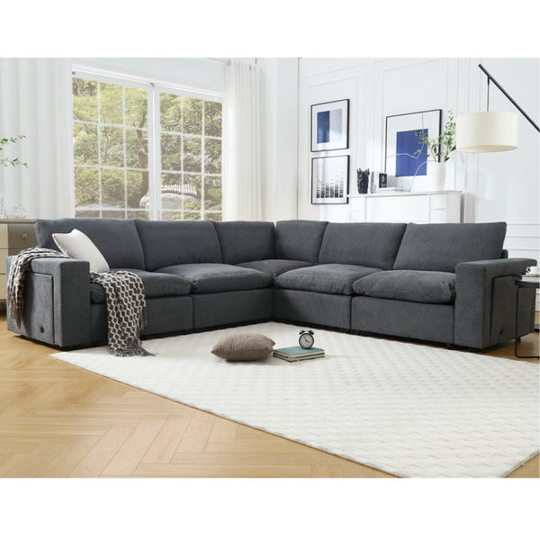 English Elm [new Modular Sectional Sofa with Wireless Charging Cup Holders Linen Upholstery 5 Seat W2108S00040