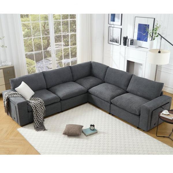 English Elm [new Modular Sectional Sofa with Wireless Charging Cup Holders Linen Upholstery 5 Seat W2108S00040