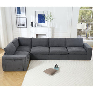 English Elm [new Modular Sectional Sofa with Wireless Charging Cup Holders Linen Upholstery 5 Seat W2108S00040