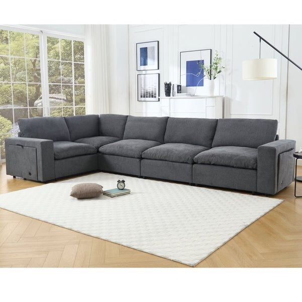 English Elm [new Modular Sectional Sofa with Wireless Charging Cup Holders Linen Upholstery 5 Seat W2108S00040