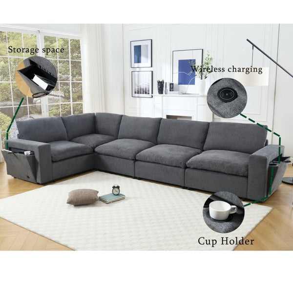 English Elm [new Modular Sectional Sofa with Wireless Charging Cup Holders Linen Upholstery 5 Seat W2108S00040
