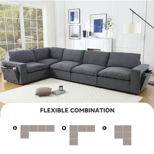 English Elm [new Modular Sectional Sofa with Wireless Charging Cup Holders Linen Upholstery 5 Seat W2108S00040