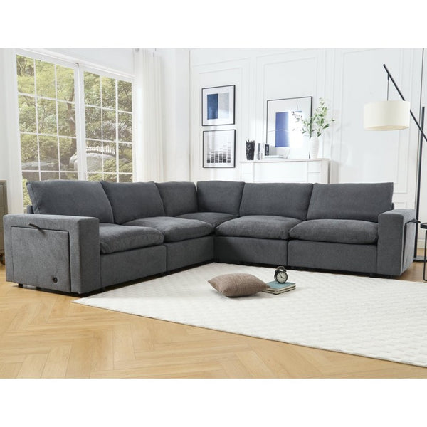English Elm [new Modular Sectional Sofa with Wireless Charging Cup Holders Linen Upholstery 5 Seat W2108S00040