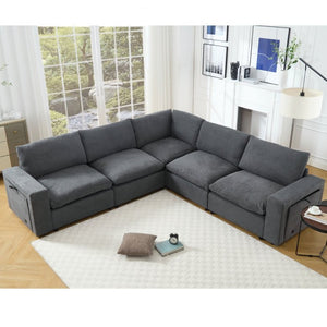 English Elm [new Modular Sectional Sofa with Wireless Charging Cup Holders Linen Upholstery 5 Seat W2108S00040