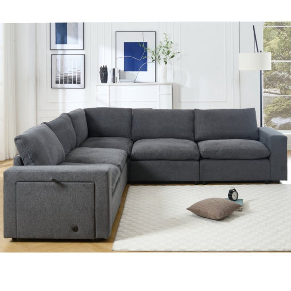 English Elm [new Modular Sectional Sofa with Wireless Charging Cup Holders Linen Upholstery 5 Seat W2108S00040