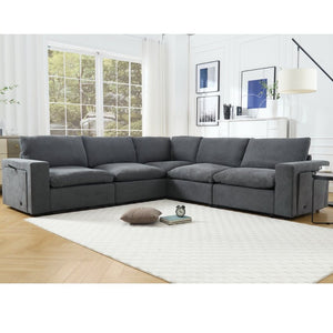 English Elm [new Modular Sectional Sofa with Wireless Charging Cup Holders Linen Upholstery 5 Seat W2108S00040