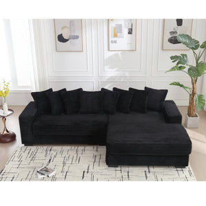 English Elm [new Arrived] Oversized Corduroy L Shaped Sectional Sofa with Eight Pillows for Living Room Black Right Chaise W2108S00055