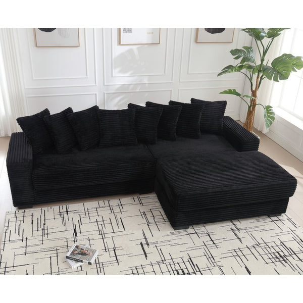 English Elm [new Arrived] Oversized Corduroy L Shaped Sectional Sofa with Eight Pillows for Living Room Black Right Chaise W2108S00055