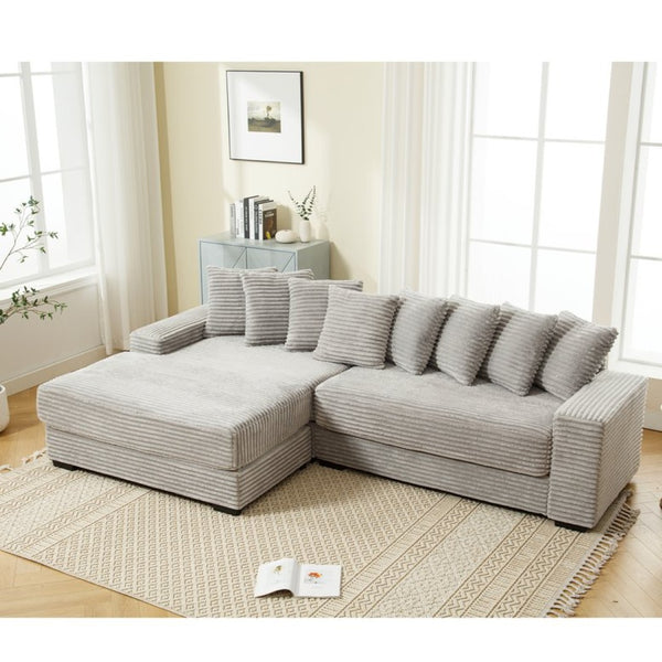 English Elm [new Arrived] Oversized Corduroy L Shaped Sectional Sofa with Eight Pillows for Living Room Gray Left Chaise W2108S00058