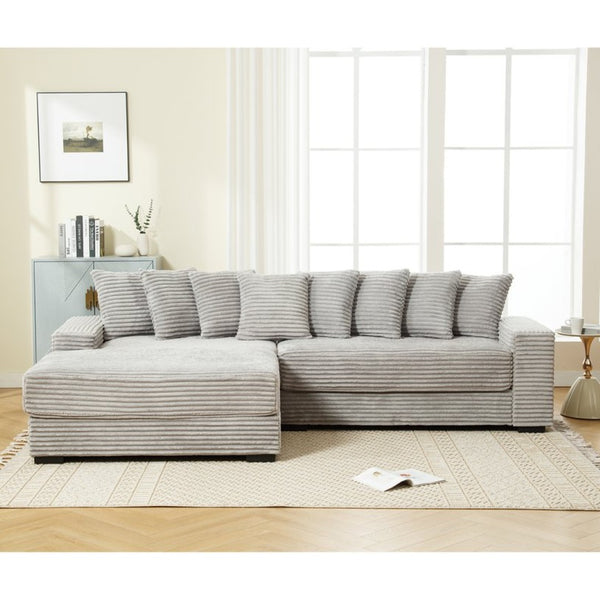 English Elm [new Arrived] Oversized Corduroy L Shaped Sectional Sofa with Eight Pillows for Living Room Gray Left Chaise W2108S00058