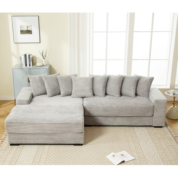 English Elm [new Arrived] Oversized Corduroy L Shaped Sectional Sofa with Eight Pillows for Living Room Gray Left Chaise W2108S00058