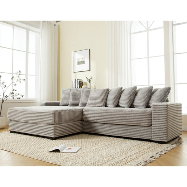 English Elm [new Arrived] Oversized Corduroy L Shaped Sectional Sofa with Eight Pillows for Living Room Gray Left Chaise W2108S00058