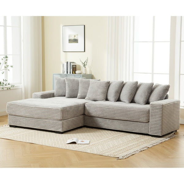 English Elm [new Arrived] Oversized Corduroy L Shaped Sectional Sofa with Eight Pillows for Living Room Gray Left Chaise W2108S00058