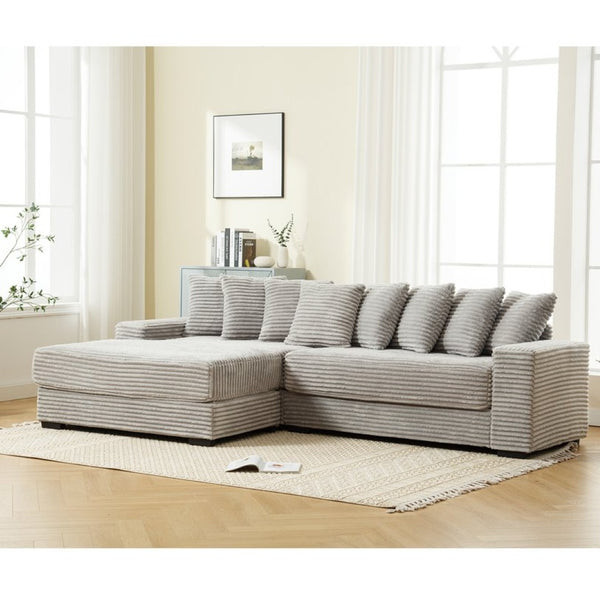 English Elm [new Arrived] Oversized Corduroy L Shaped Sectional Sofa with Eight Pillows for Living Room Gray Left Chaise W2108S00058