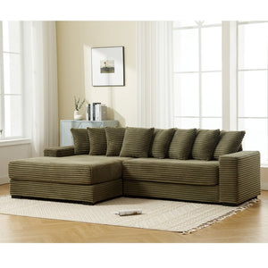 English Elm [new Arrived] Oversized Corduroy Sectional Sofa with Chaise Eight Pillows for Spacious Living Rooms Green Left Chaise W2108S00059