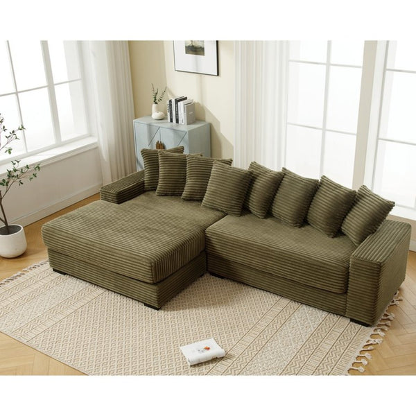 English Elm [new Arrived] Oversized Corduroy Sectional Sofa with Chaise Eight Pillows for Spacious Living Rooms Green Left Chaise W2108S00059