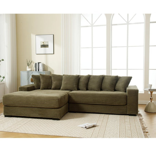 English Elm [new Arrived] Oversized Corduroy Sectional Sofa with Chaise Eight Pillows for Spacious Living Rooms Green Left Chaise W2108S00059
