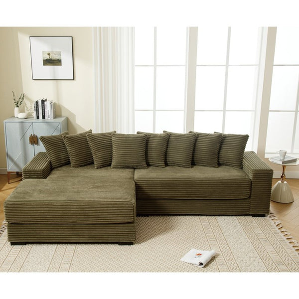 English Elm [new Arrived] Oversized Corduroy Sectional Sofa with Chaise Eight Pillows for Spacious Living Rooms Green Left Chaise W2108S00059