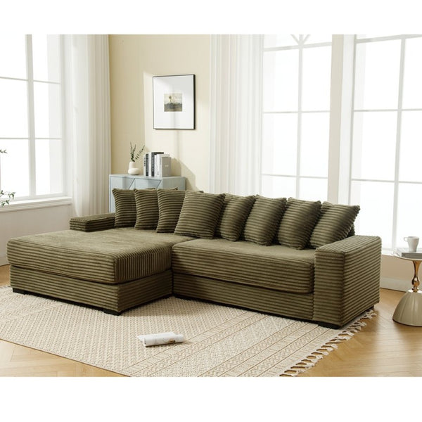 English Elm [new Arrived] Oversized Corduroy Sectional Sofa with Chaise Eight Pillows for Spacious Living Rooms Green Left Chaise W2108S00059