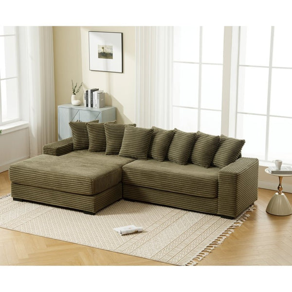English Elm [new Arrived] Oversized Corduroy Sectional Sofa with Chaise Eight Pillows for Spacious Living Rooms Green Left Chaise W2108S00059