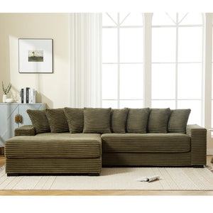 English Elm [new Arrived] Oversized Corduroy Sectional Sofa with Chaise Eight Pillows for Spacious Living Rooms Green Left Chaise W2108S00059
