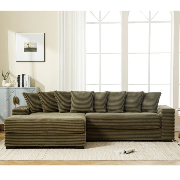 English Elm [new Arrived] Oversized Corduroy Sectional Sofa with Chaise Eight Pillows for Spacious Living Rooms Green Left Chaise W2108S00059